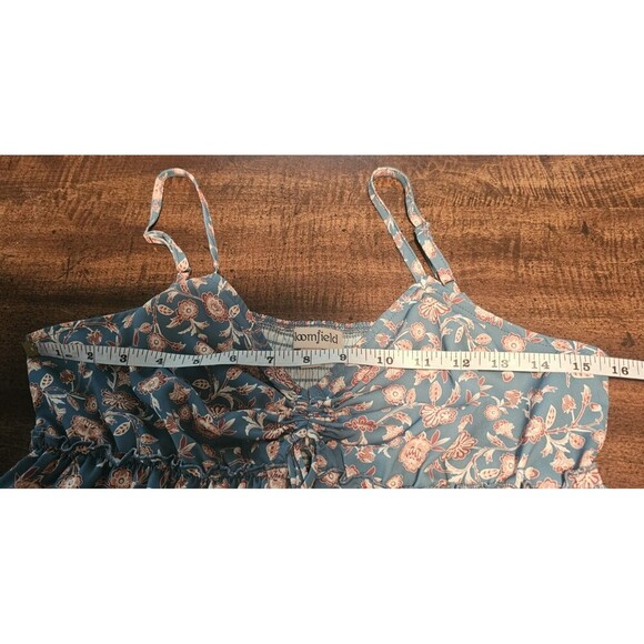 Bloomfield A-Line Floral Teal Brown Cream Spaghetti Strap Ruffled Sundress Large - Picture 10 of 12